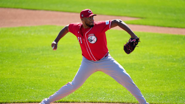 Feb 16, 2024; Goodyear, AZ, USA; Cincinnati Reds starting pitcher Hunter Greene (21) delivers live batting practice during spring training workouts. Mandatory Credit: Kareem Elgazzar/The Enquirer-USA TODAY Sports  